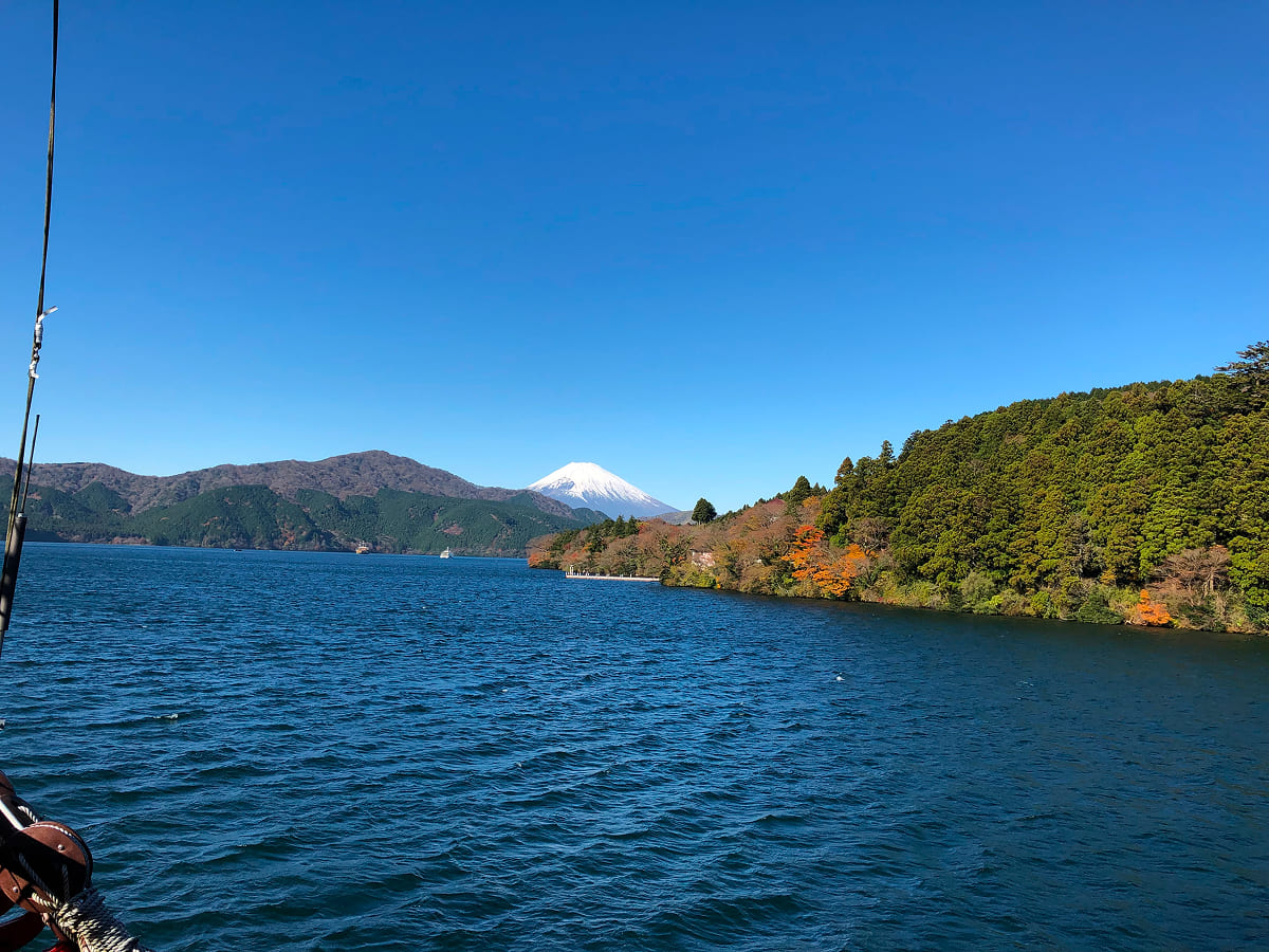 箱根海賊船 特別船室の専用デッキから望む芦ノ湖と富士山の絶景